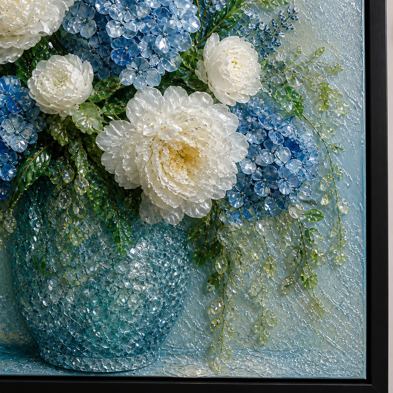 Blue Hydrangea & White Peonies framed relief art — relief detail