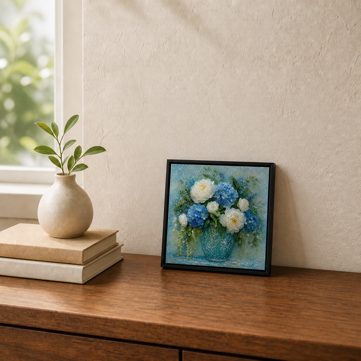 Blue Hydrangea & White Peonies framed relief art — room setting