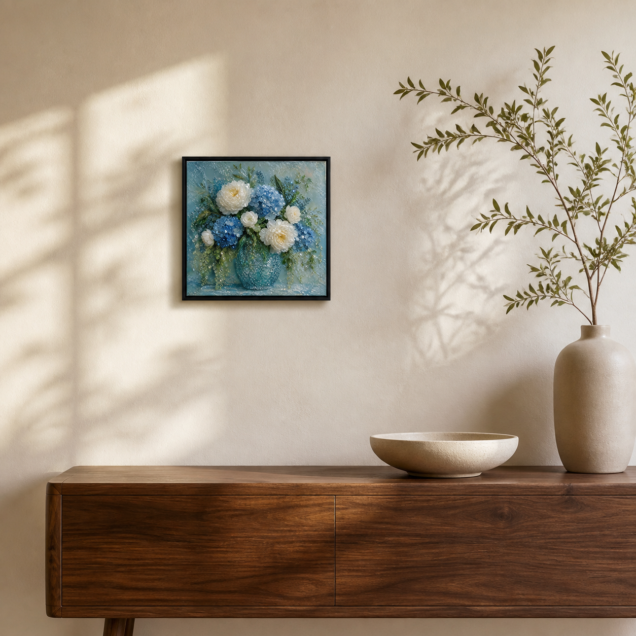 Blue Hydrangea & White Peonies framed relief art — alternate room setting