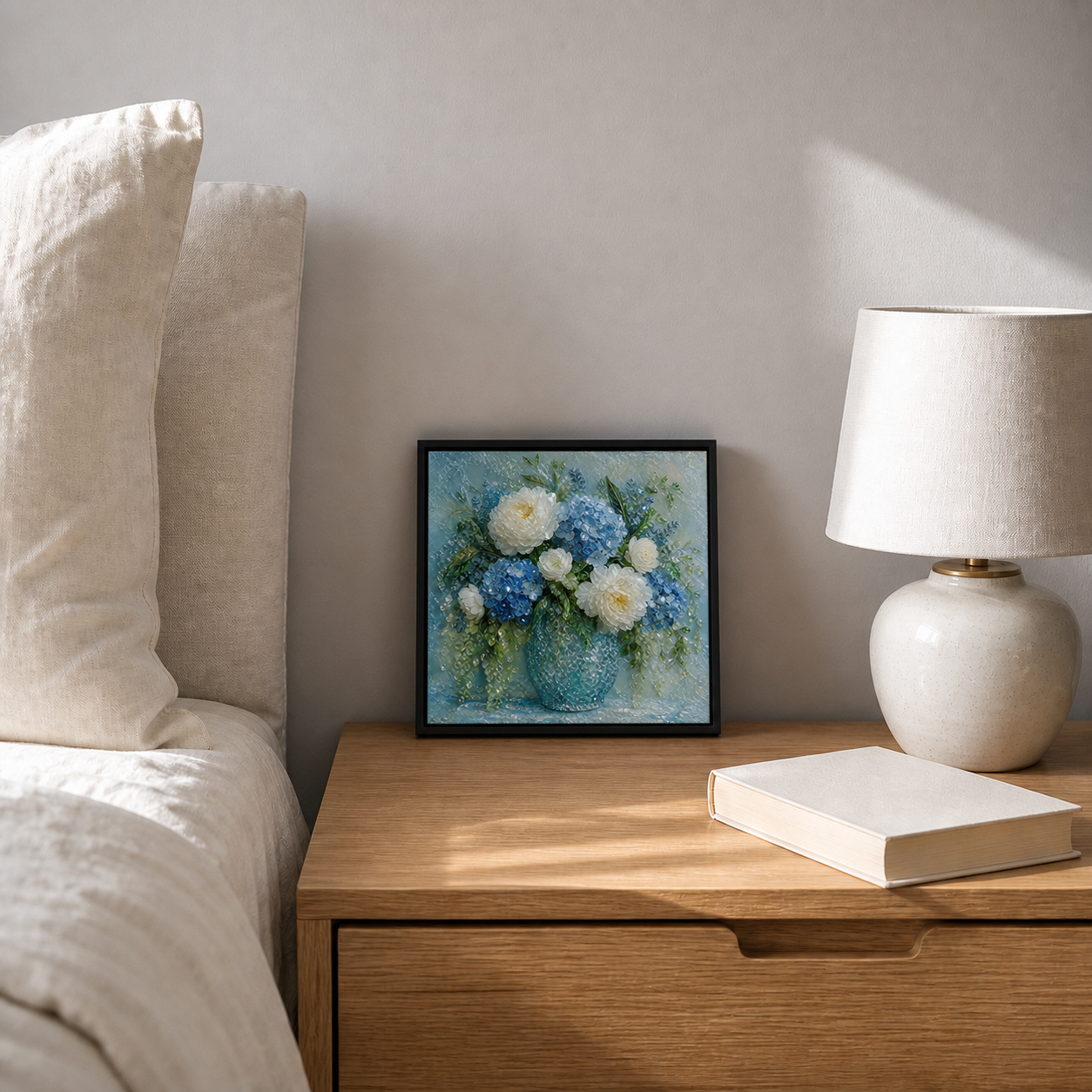 Blue Hydrangea & White Peonies framed relief art — styled interior