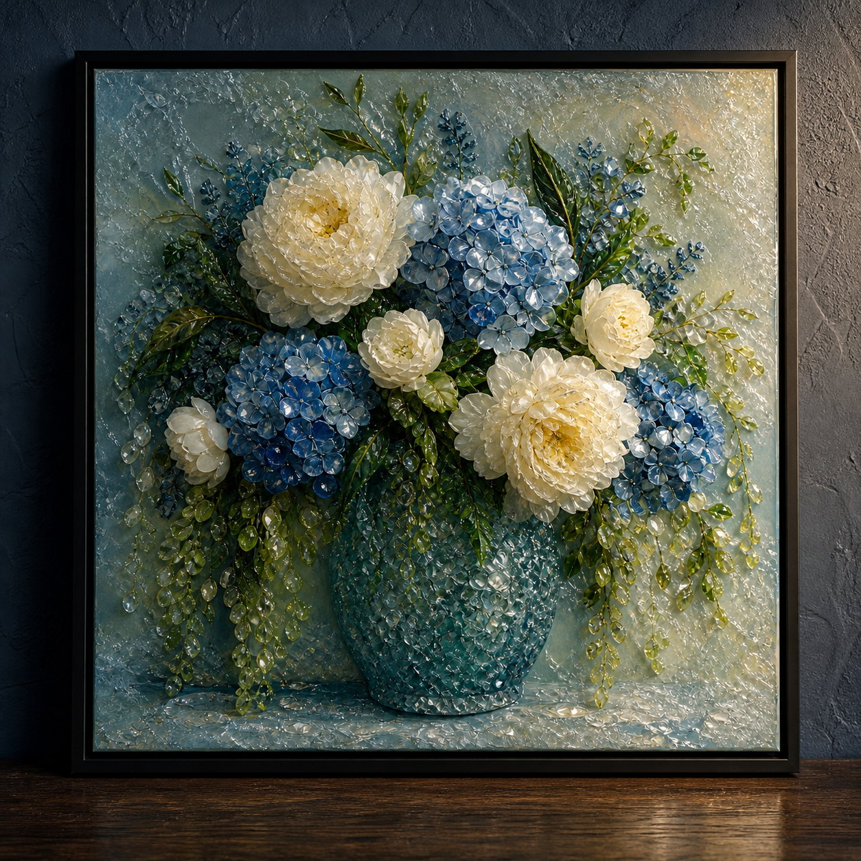 Blue Hydrangea & White Peonies framed relief art — close-up detail