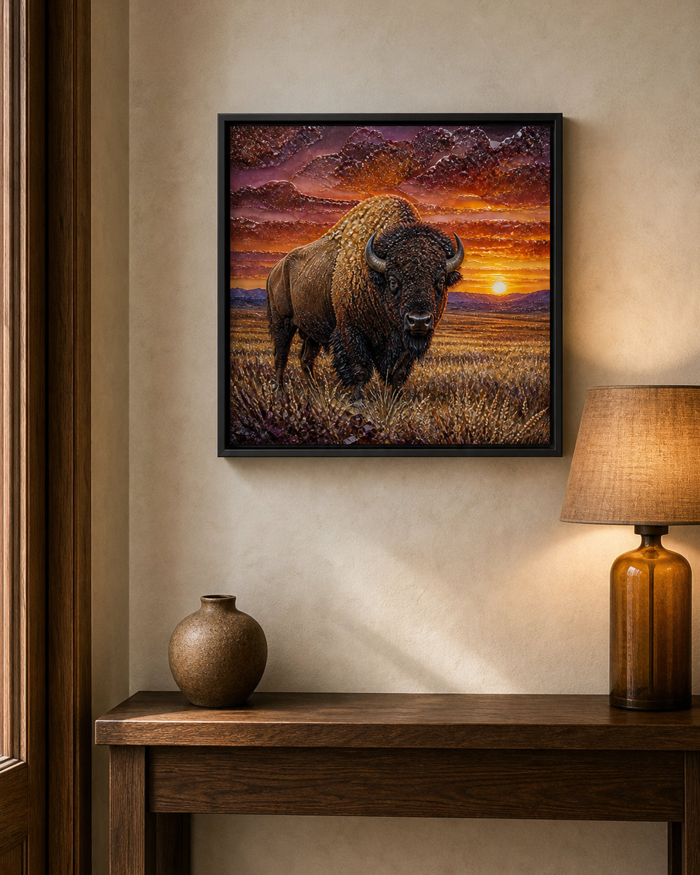 Sunset Bison framed relief art — lifestyle view