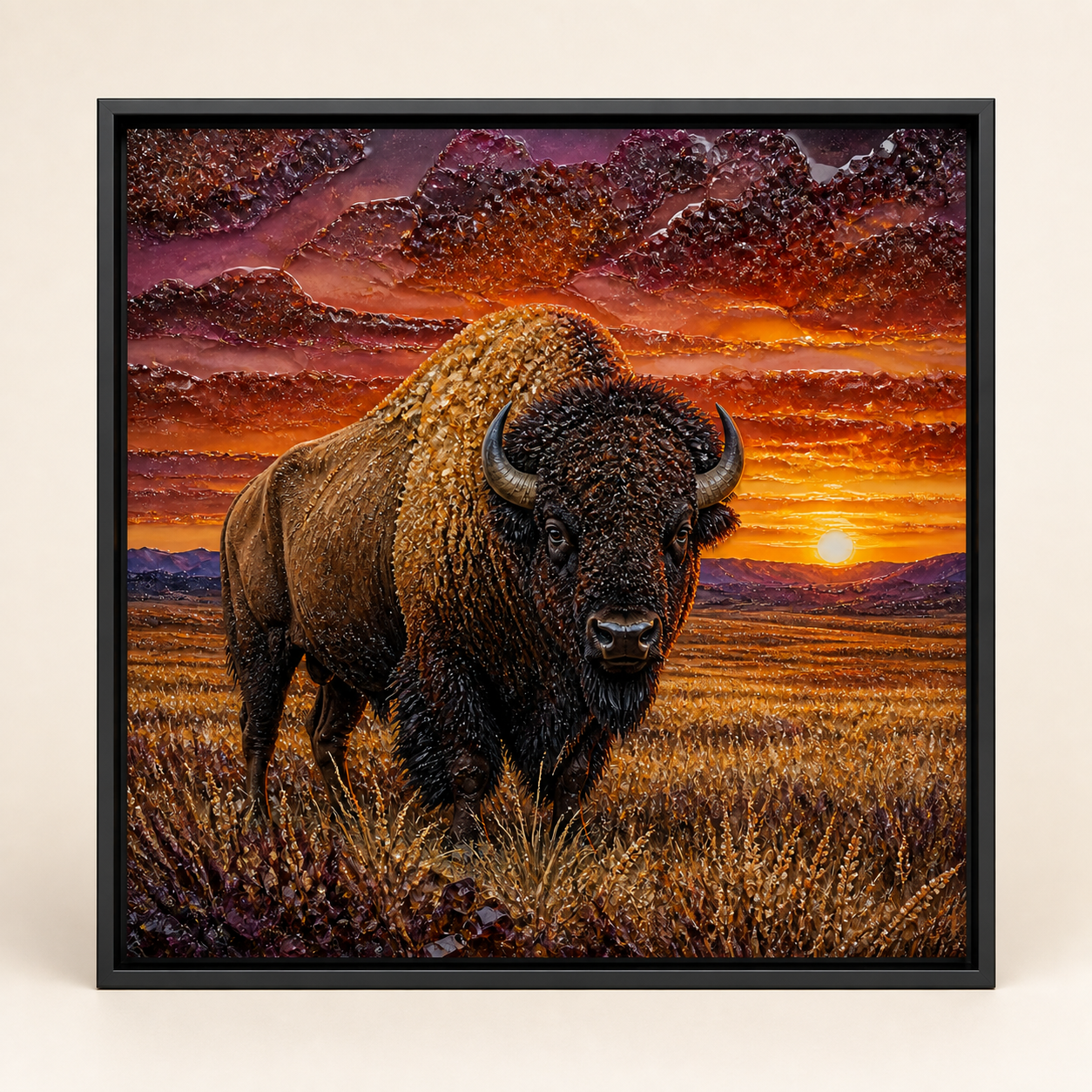Sunset Bison framed relief art — front view