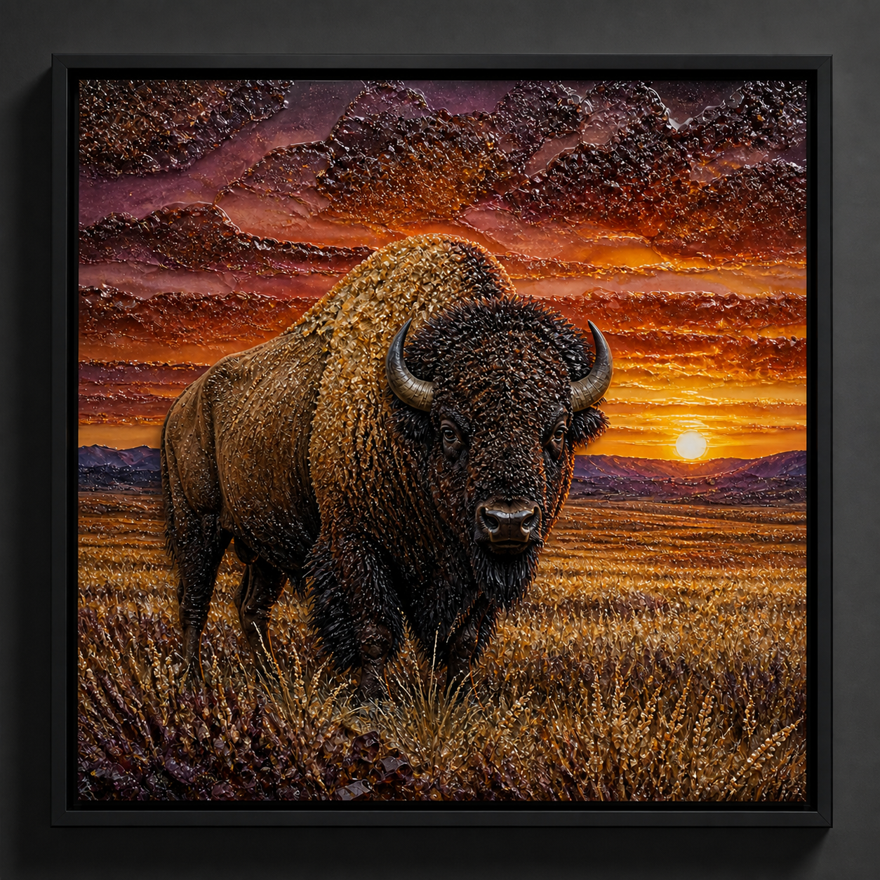 Sunset Bison framed relief art — relief lighting view