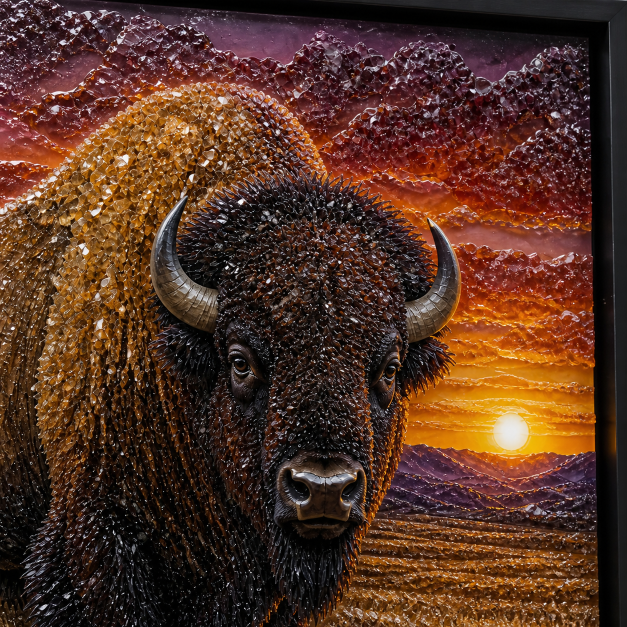 Sunset Bison framed relief art — relief detail