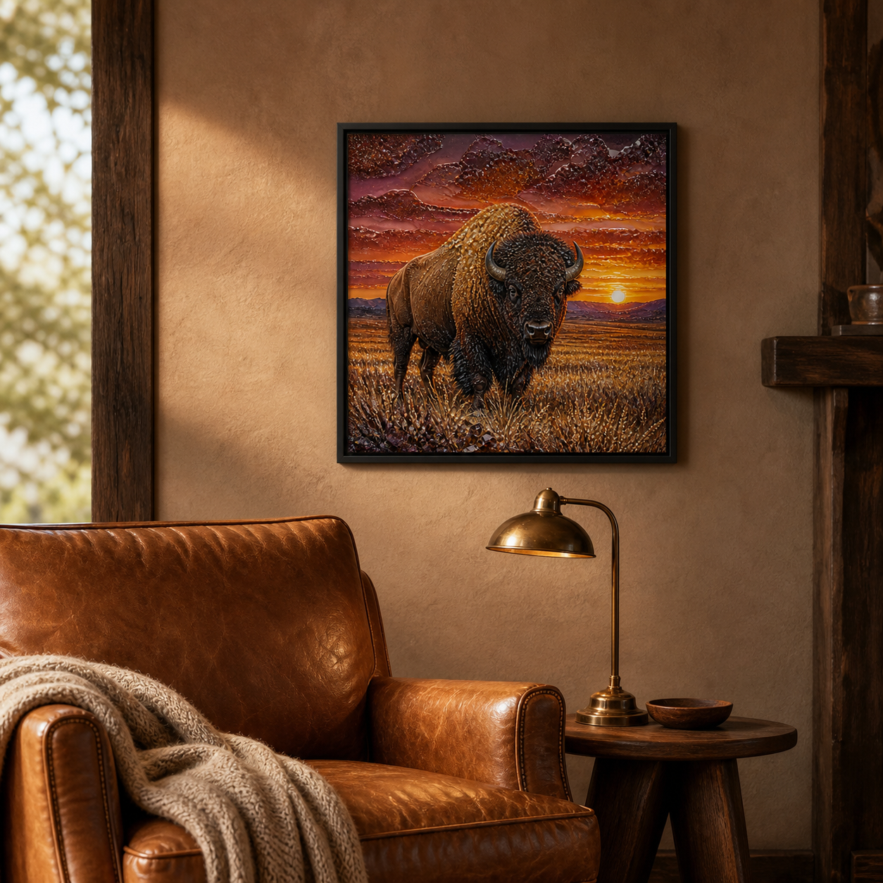 Sunset Bison framed relief art — room setting