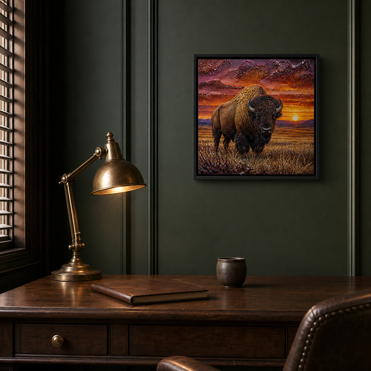 Sunset Bison framed relief art — alternate room setting