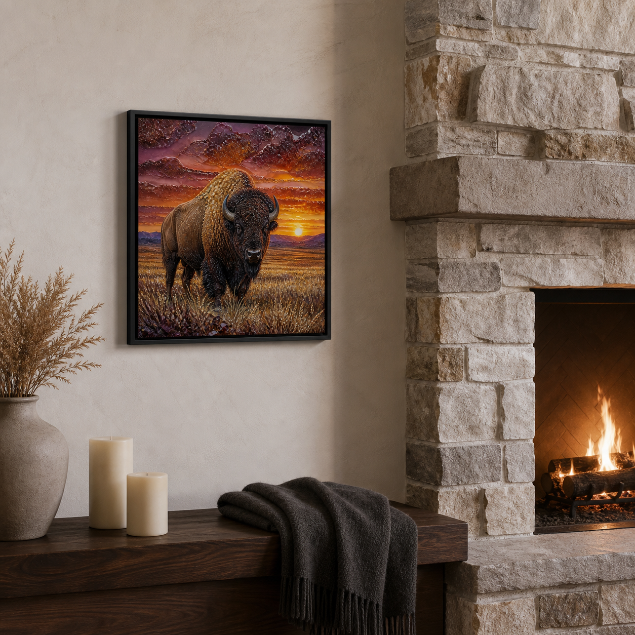 Sunset Bison framed relief art — styled interior