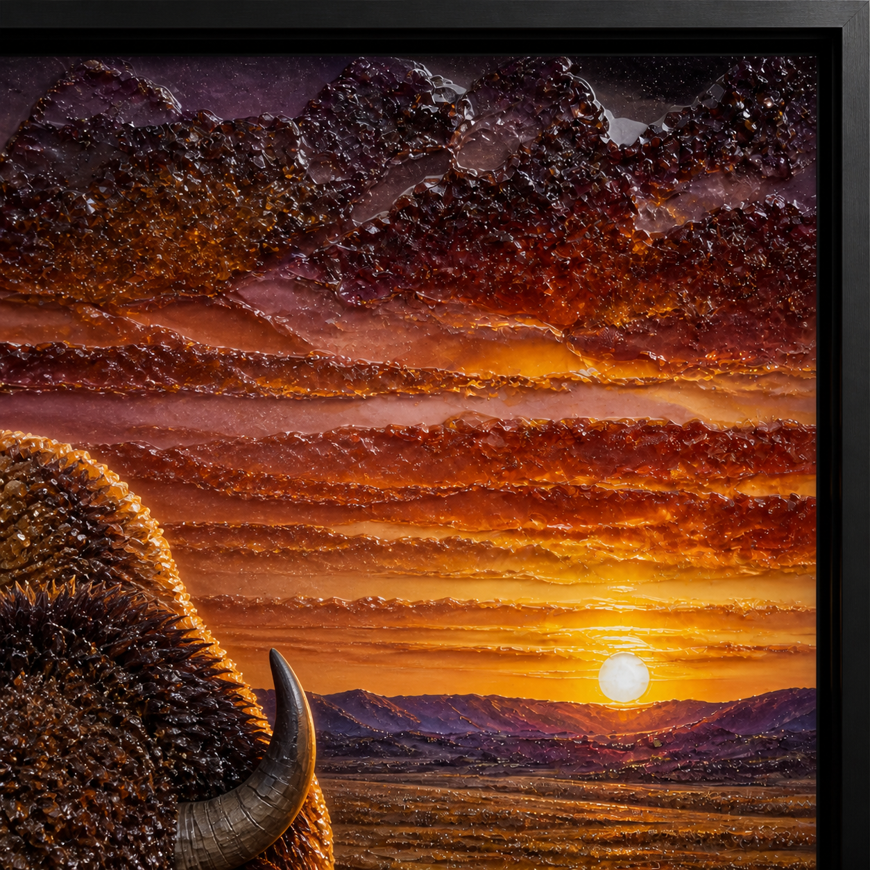 Sunset Bison framed relief art — close-up detail