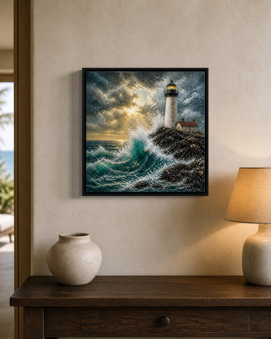 Storm Lighthouse framed relief art — lifestyle view