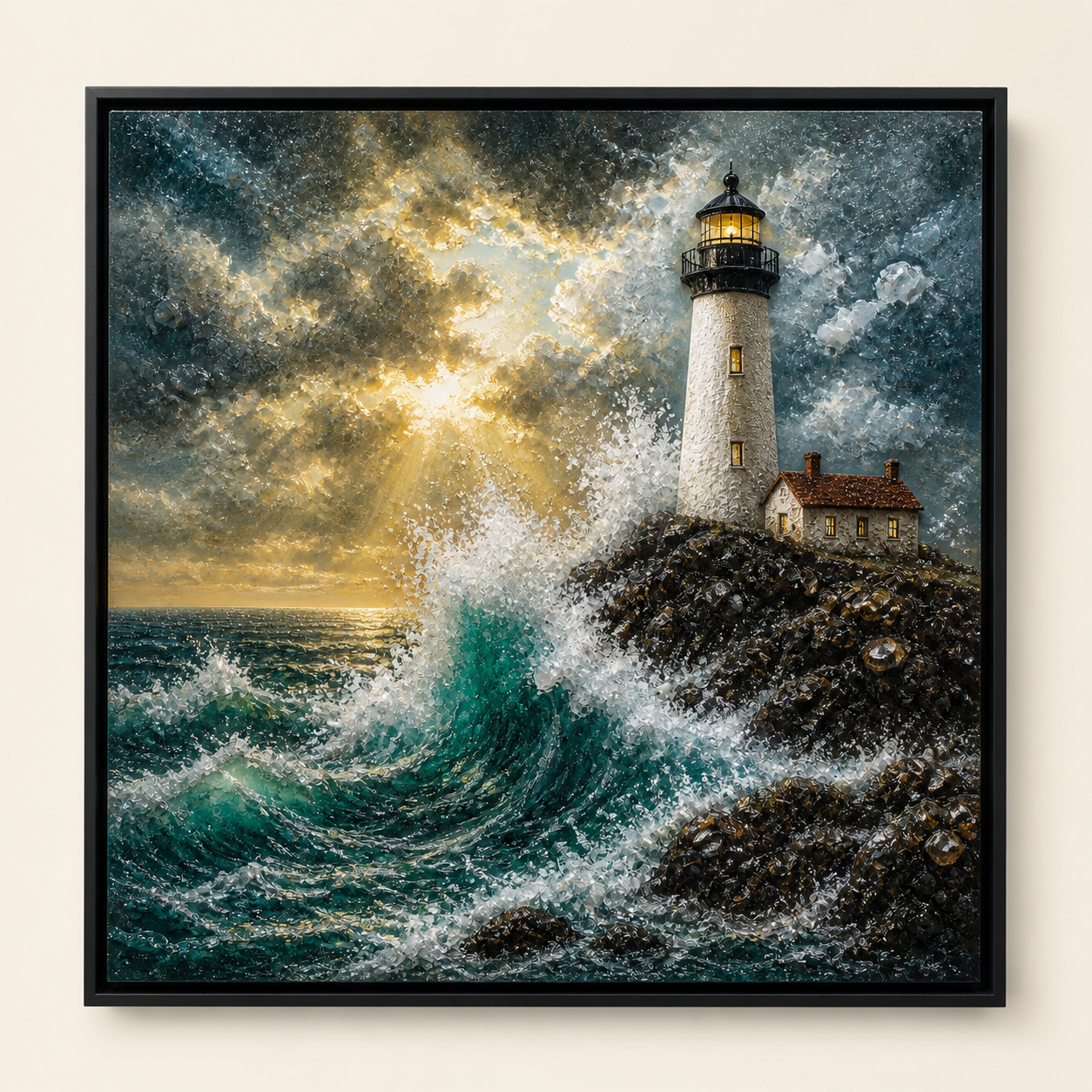 Storm Lighthouse framed relief art — front view