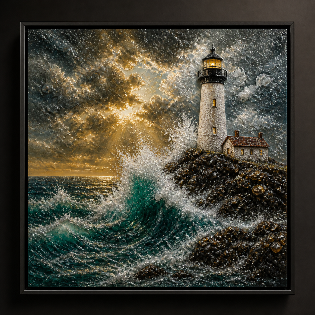 Storm Lighthouse framed relief art — relief lighting view