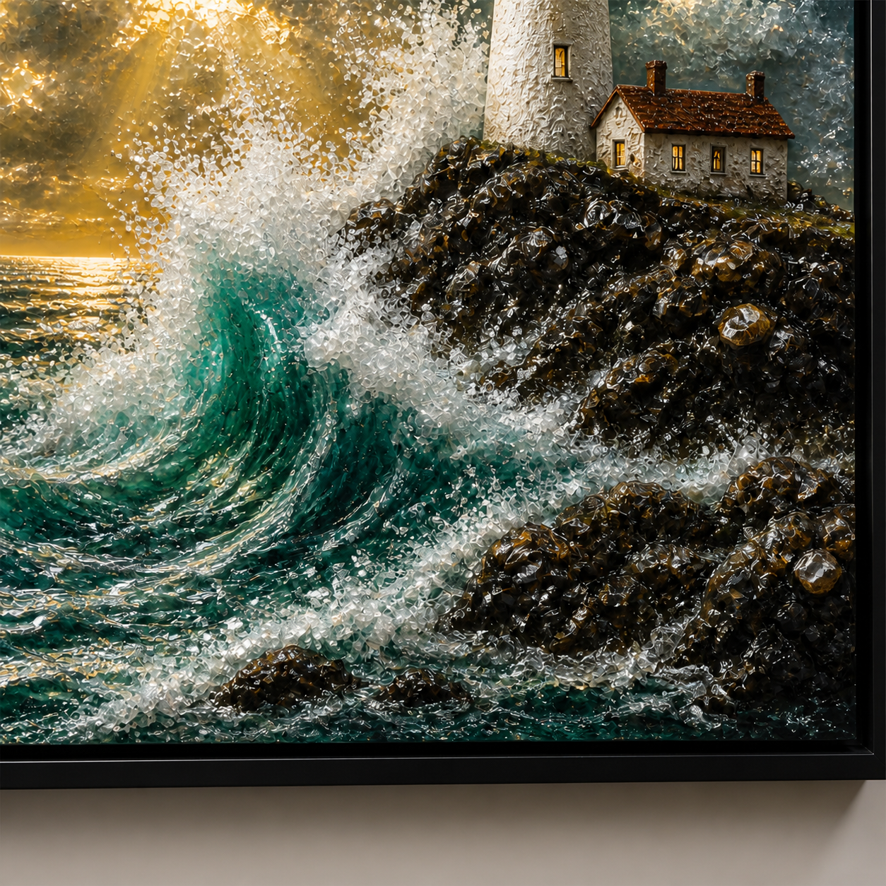 Storm Lighthouse framed relief art — relief detail