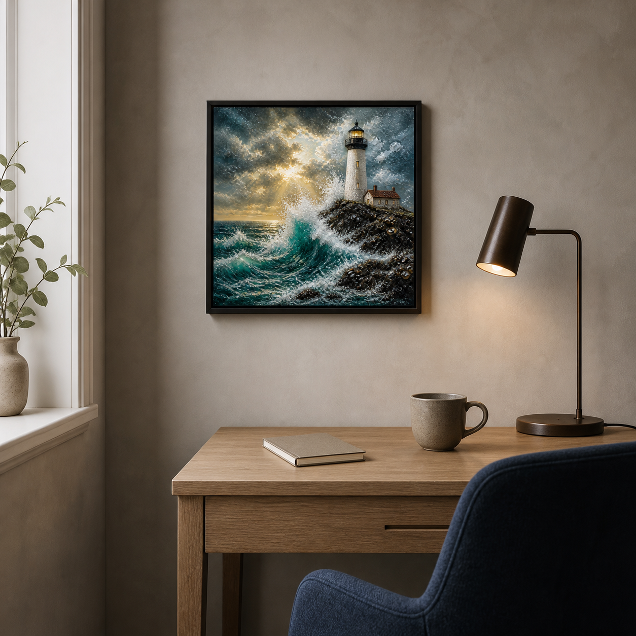 Storm Lighthouse framed relief art — room setting
