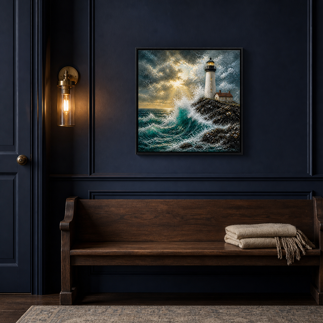 Storm Lighthouse framed relief art — alternate room setting