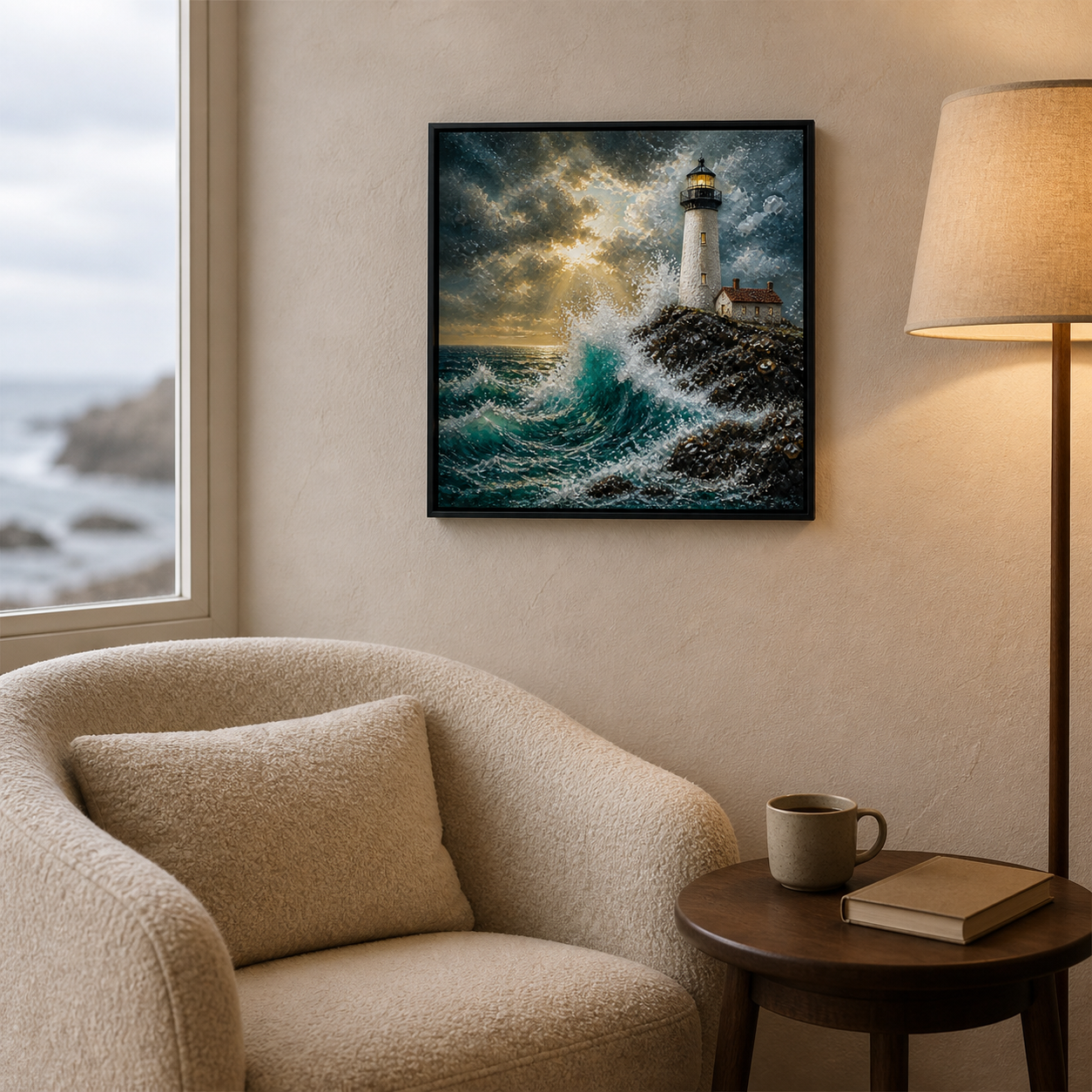 Storm Lighthouse framed relief art — styled interior