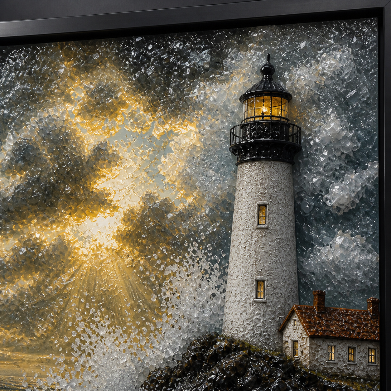 Storm Lighthouse framed relief art — close-up detail