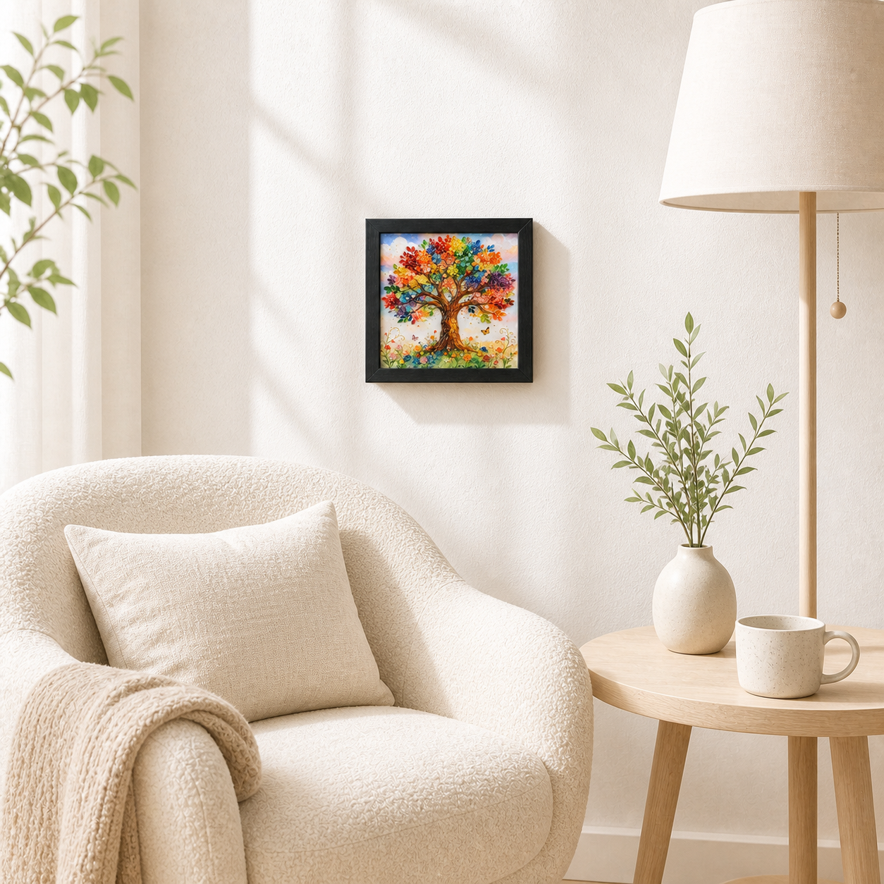Tree of Life framed relief art — styled interior