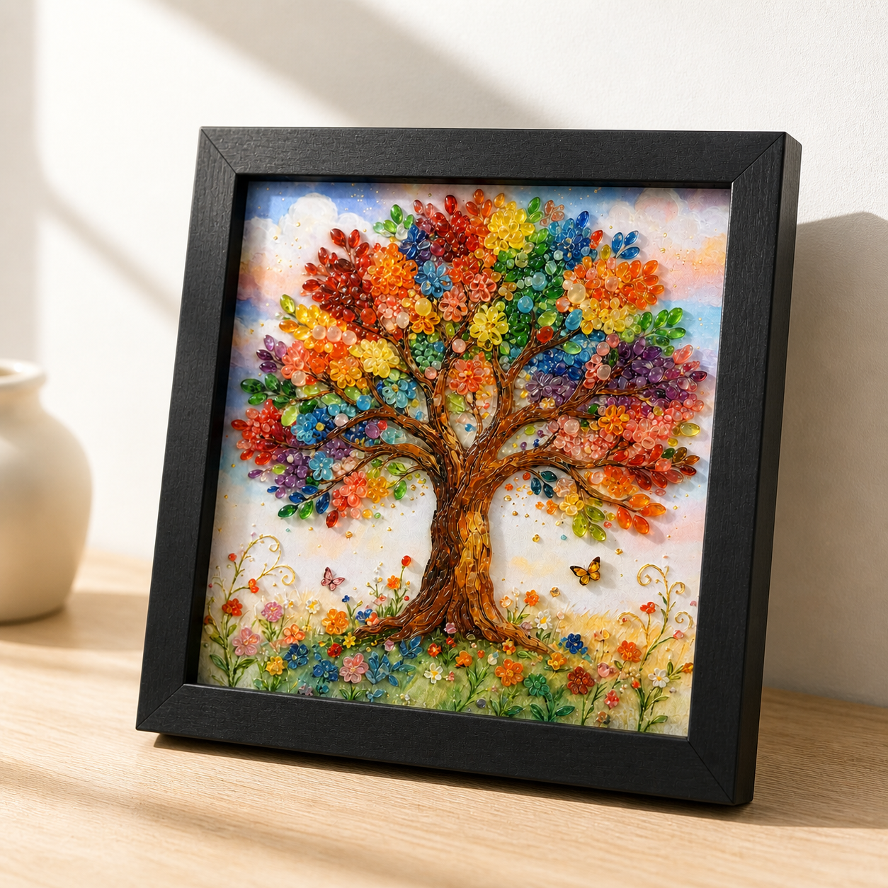 Tree of Life framed relief art — close-up detail