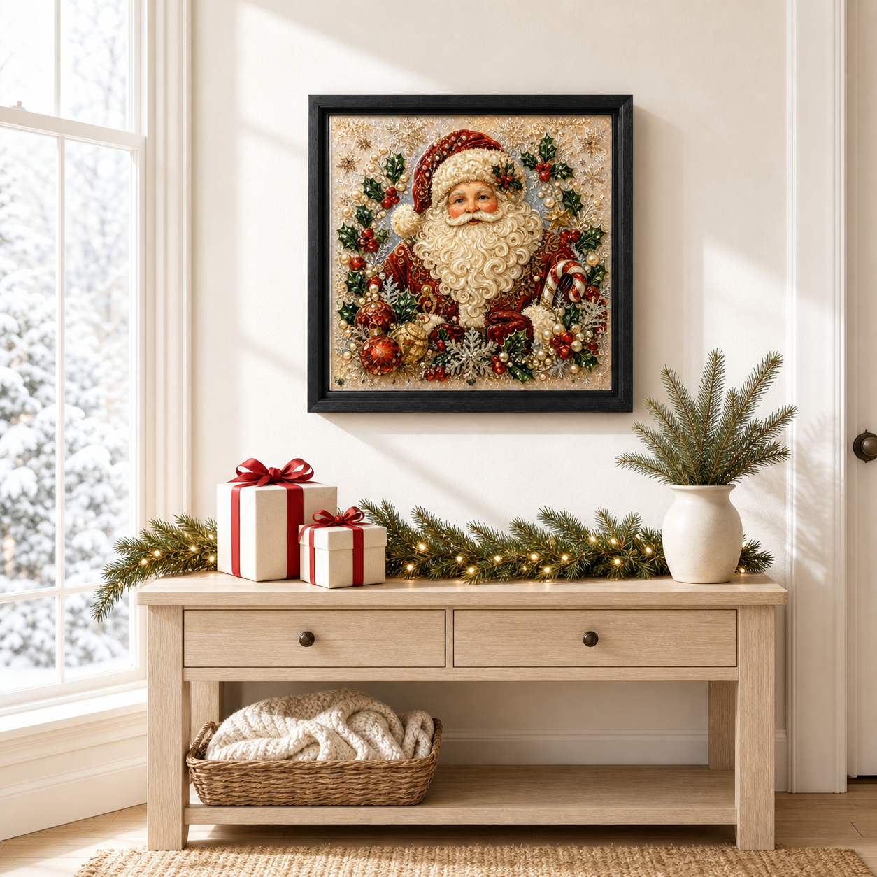 Santa Claus framed relief art — styled interior