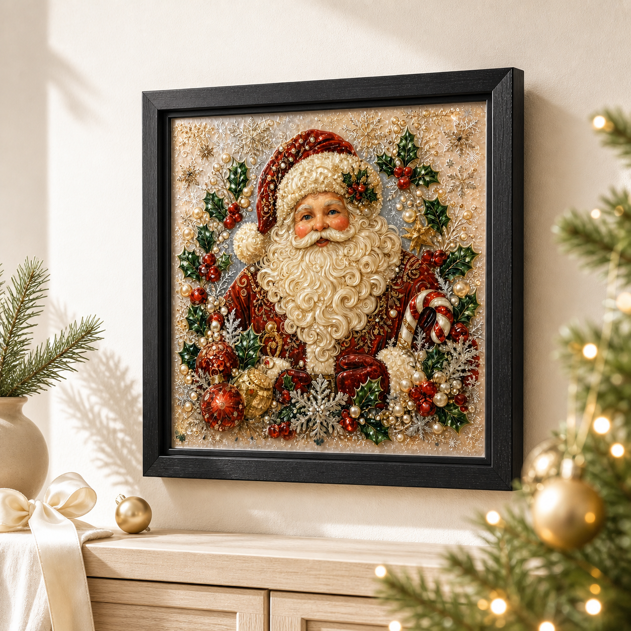 Santa Claus framed relief art — close-up detail