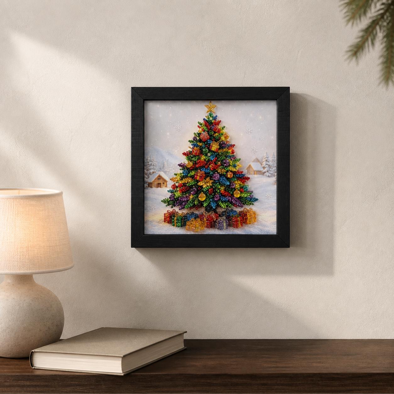 Christmas Tree framed relief art — alternate room setting