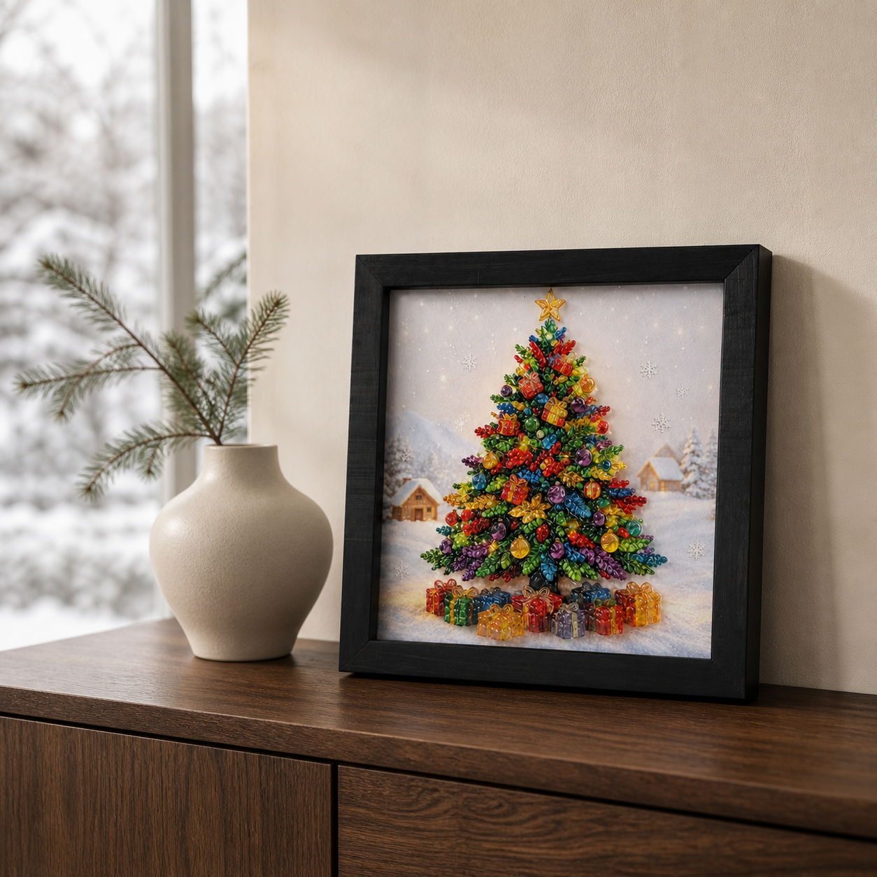 Christmas Tree framed relief art — styled interior