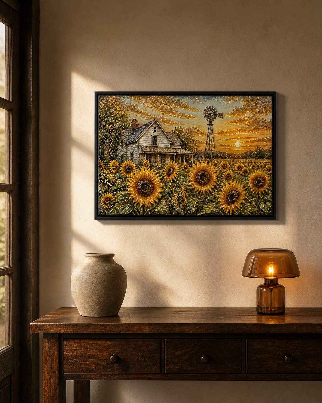 Sunset Sunflowers framed relief art — lifestyle view