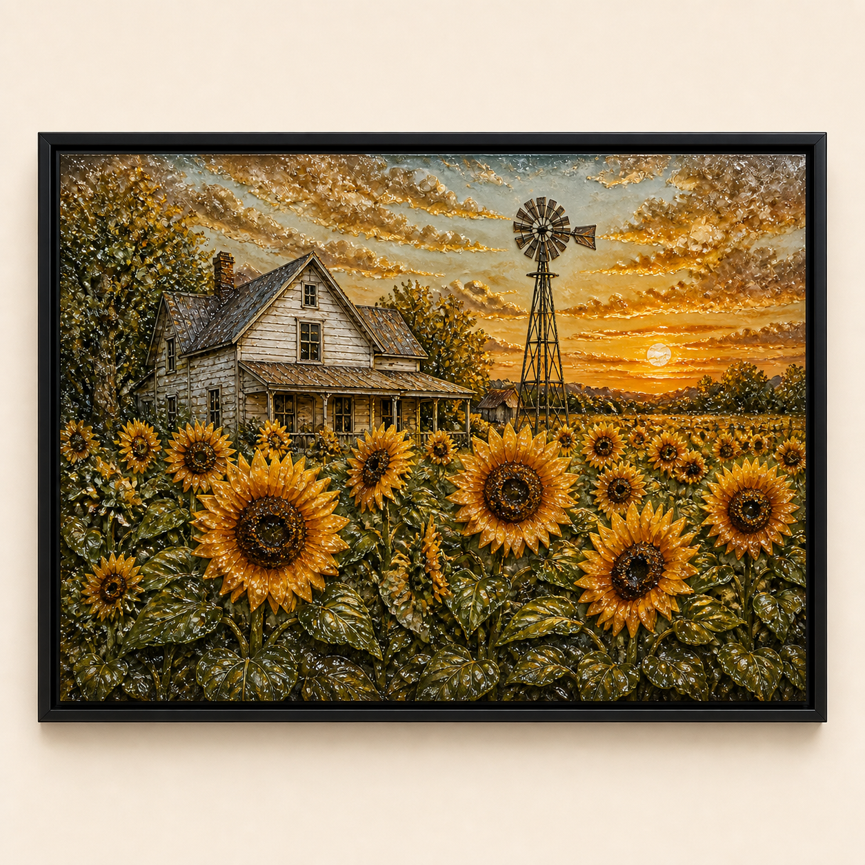 Sunset Sunflowers framed relief art — front view
