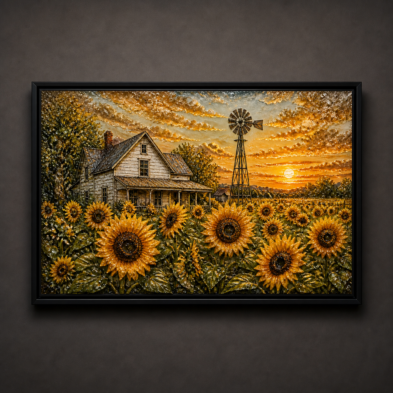 Sunset Sunflowers framed relief art — relief lighting view