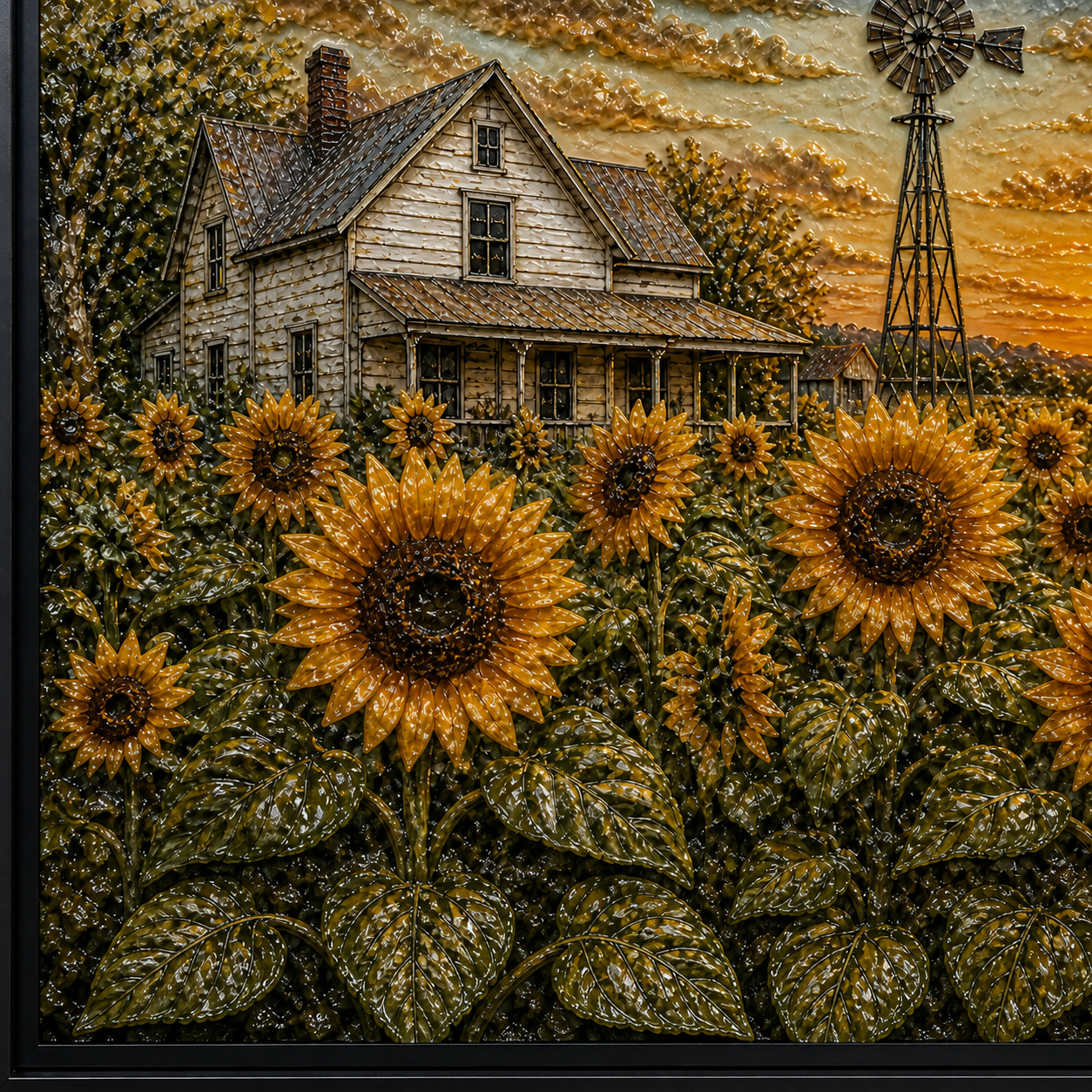 Sunset Sunflowers framed relief art — relief detail
