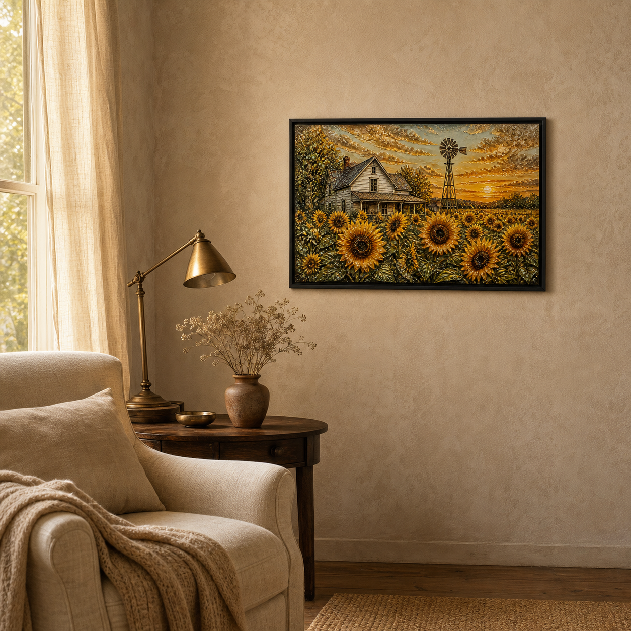 Sunset Sunflowers framed relief art — room setting