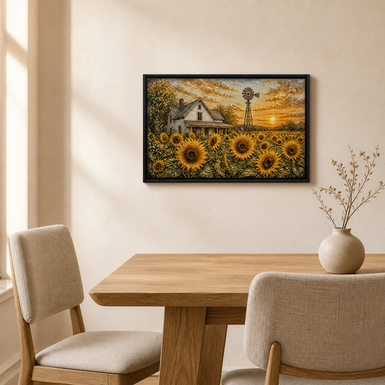 Sunset Sunflowers framed relief art — alternate room setting