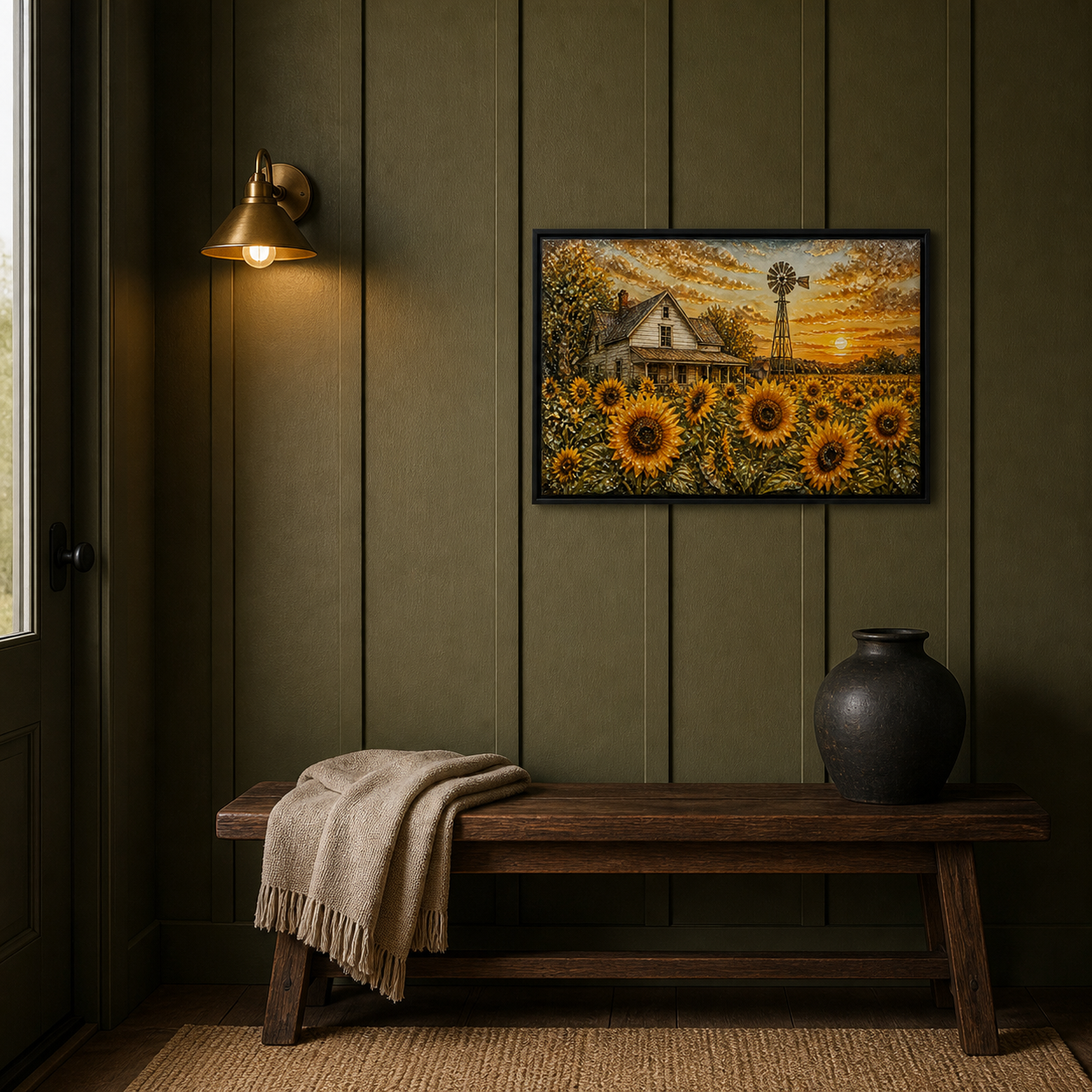 Sunset Sunflowers framed relief art — styled interior
