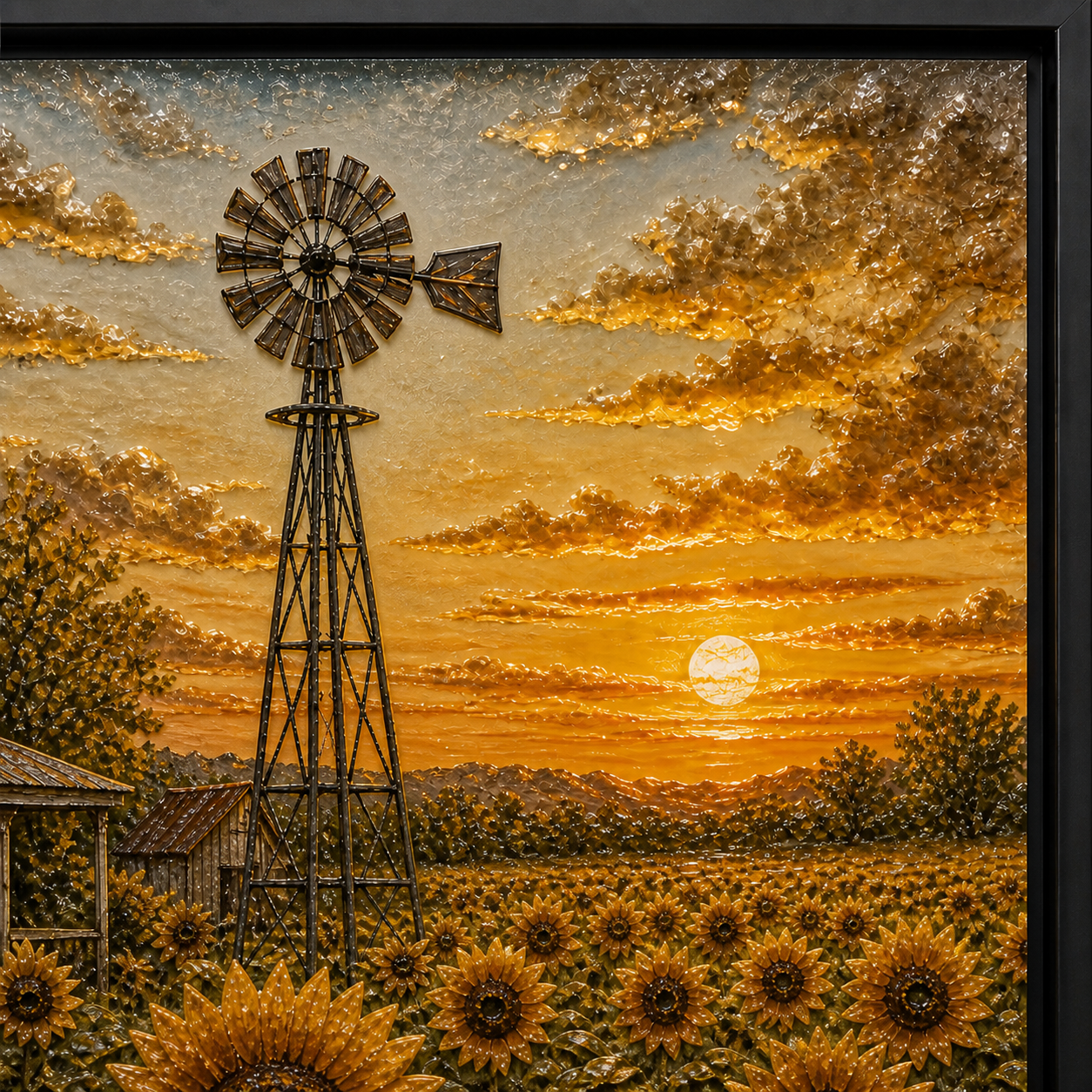 Sunset Sunflowers framed relief art — close-up detail