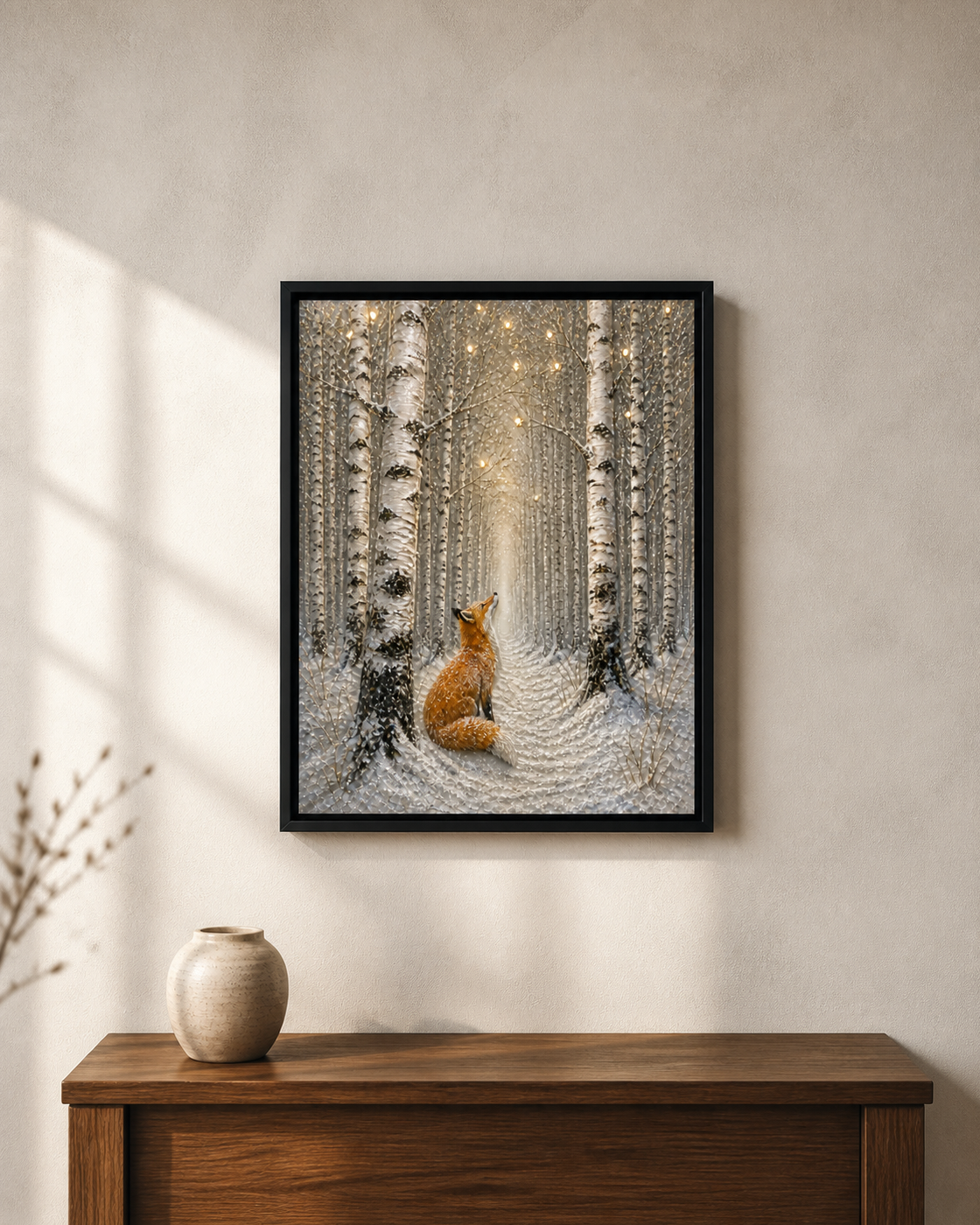 Birch Forest Fox framed relief art — lifestyle view