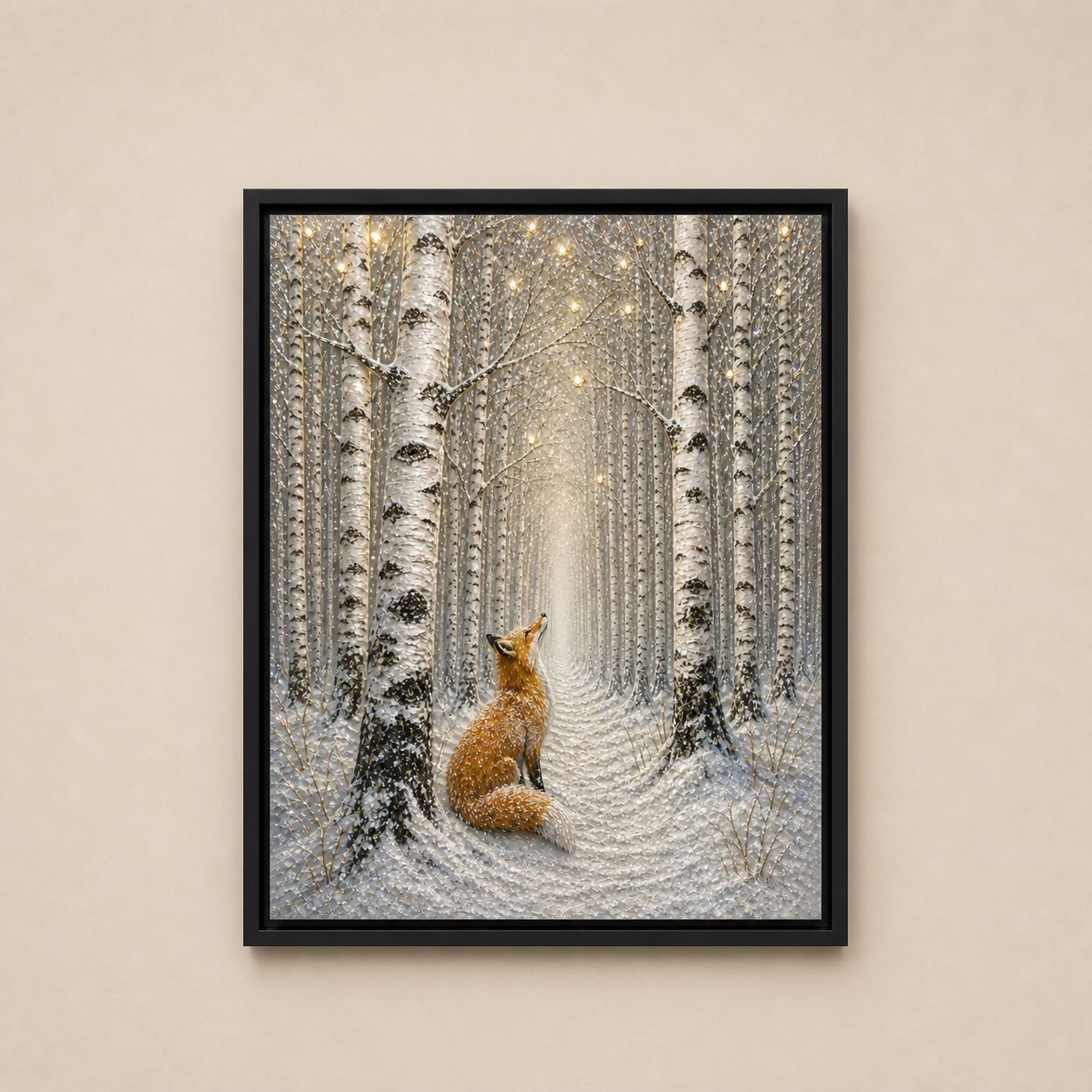 Birch Forest Fox framed relief art — front view
