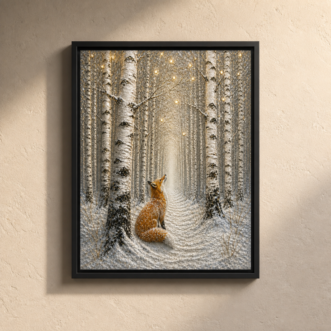 Birch Forest Fox framed relief art — relief lighting view