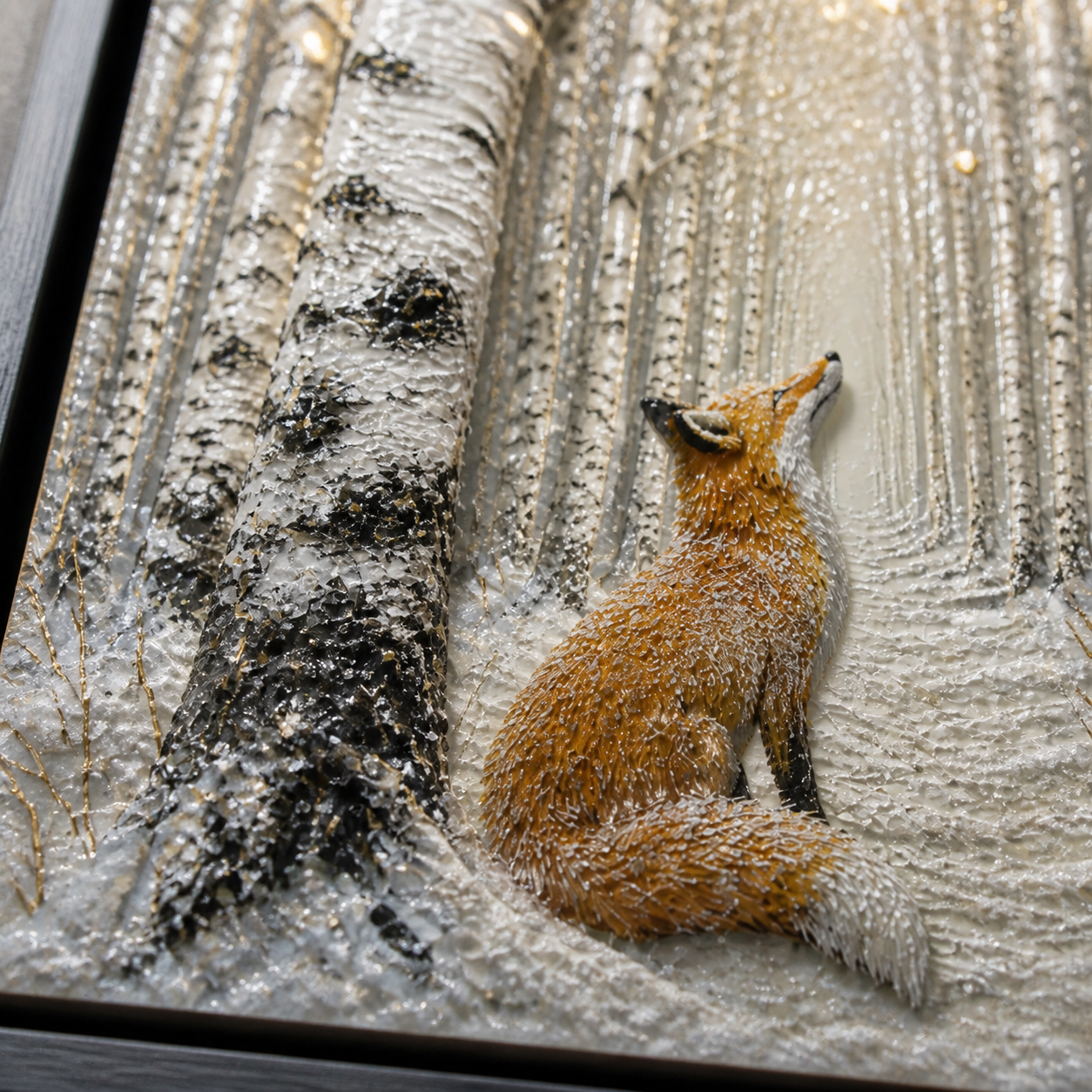 Birch Forest Fox framed relief art — relief detail
