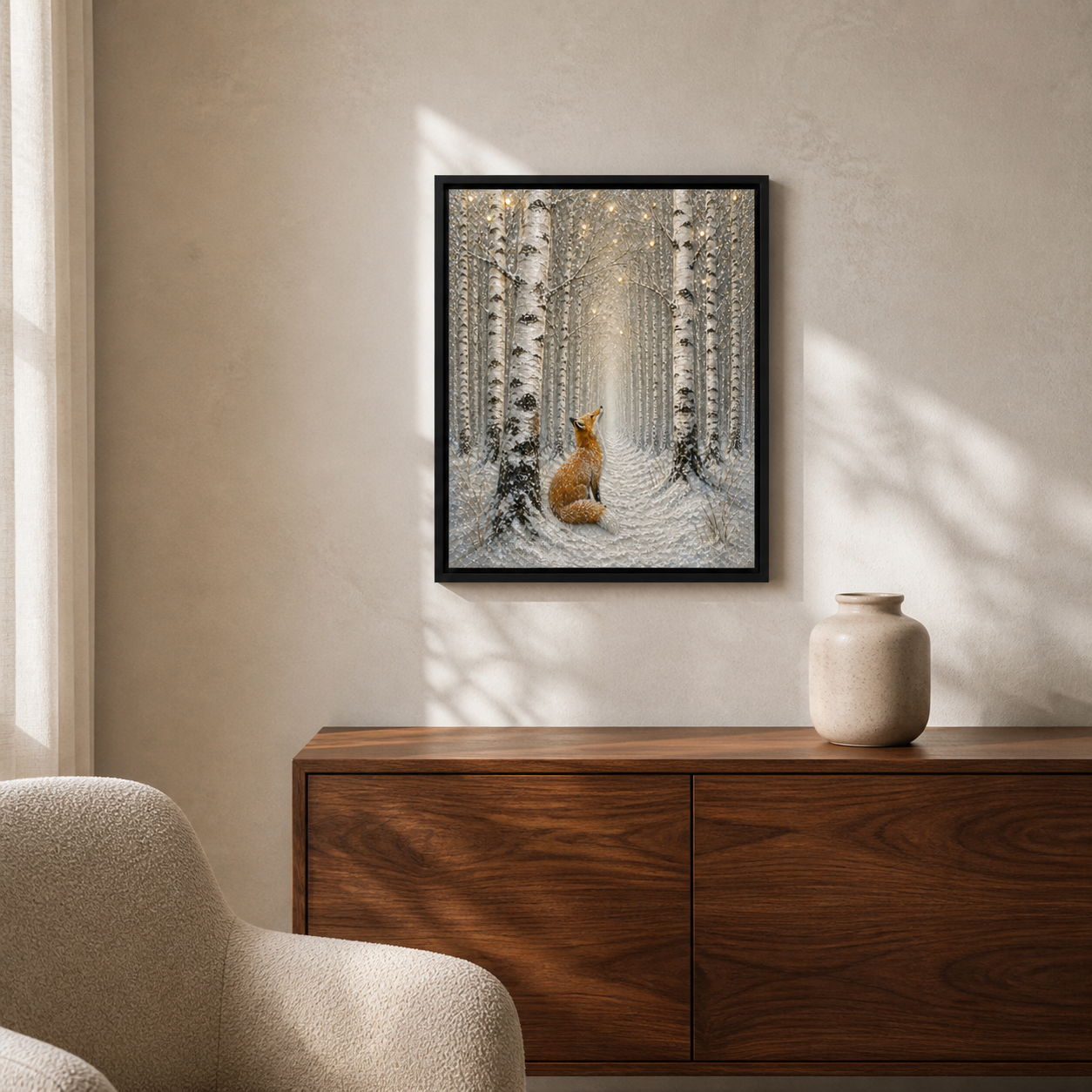 Birch Forest Fox framed relief art — room setting