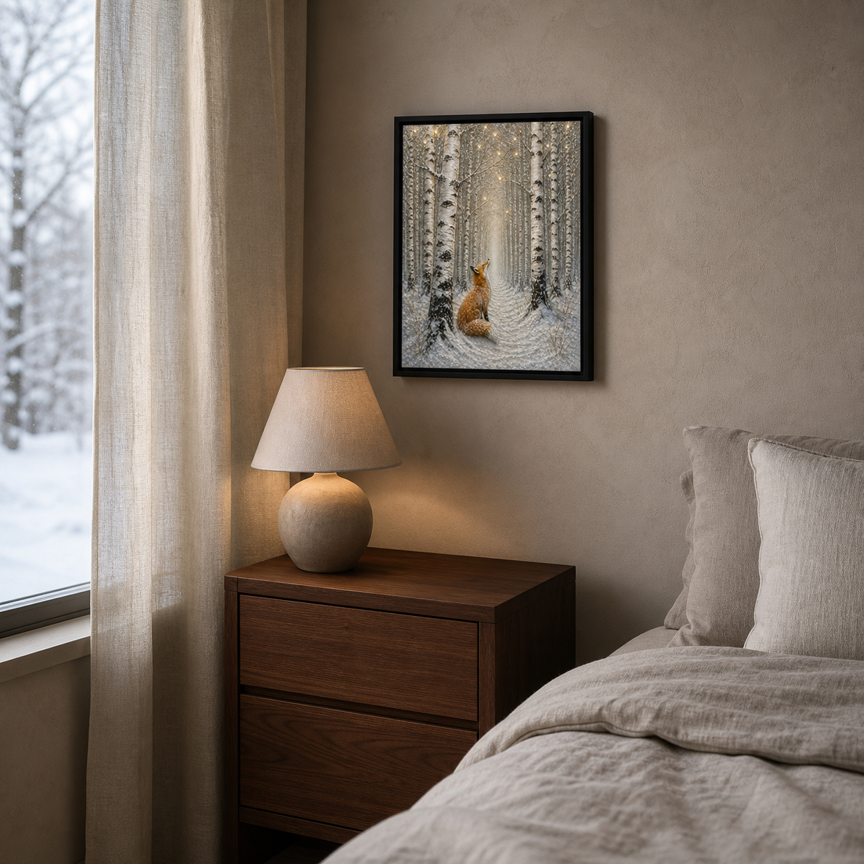 Birch Forest Fox framed relief art — alternate room setting