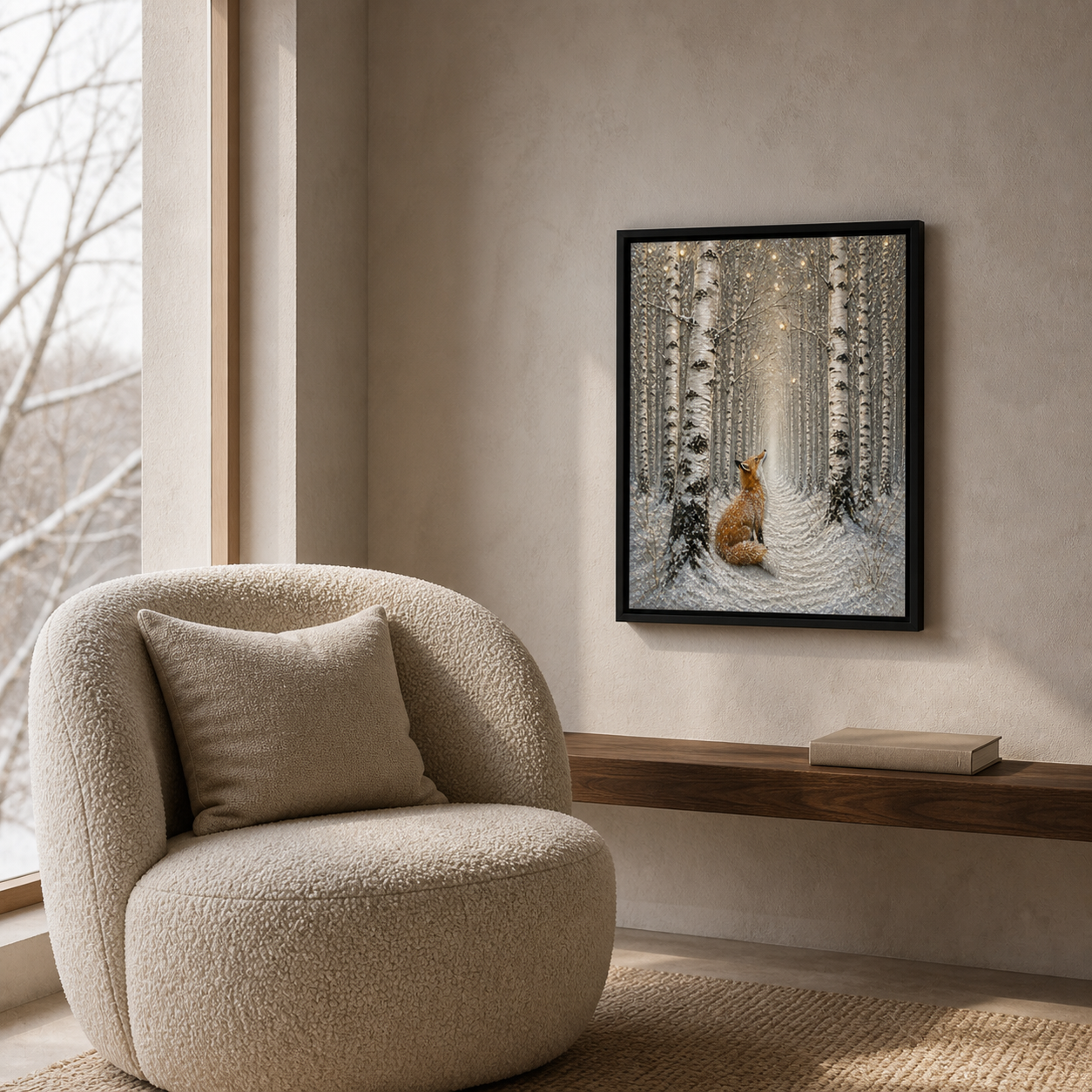 Birch Forest Fox framed relief art — styled interior