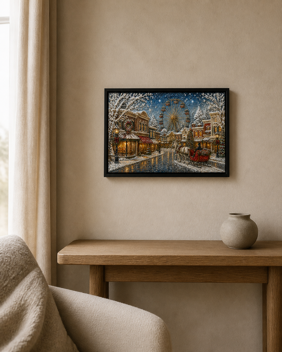Snowy Ferris Wheel framed relief art — lifestyle view