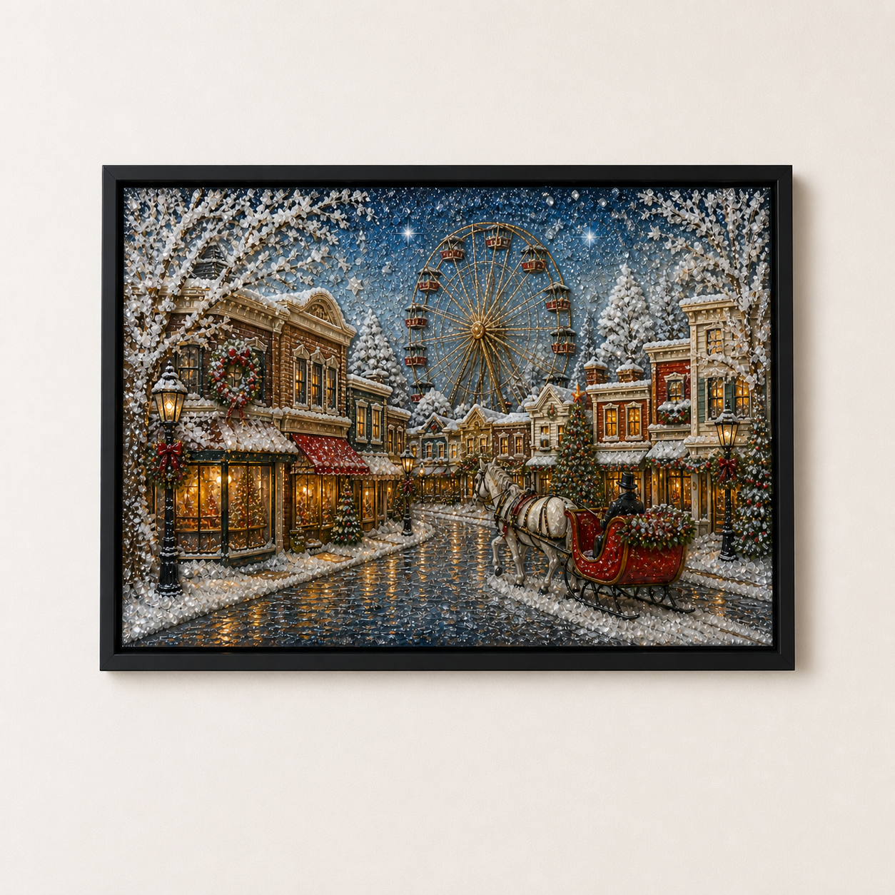 Snowy Ferris Wheel framed relief art — front view