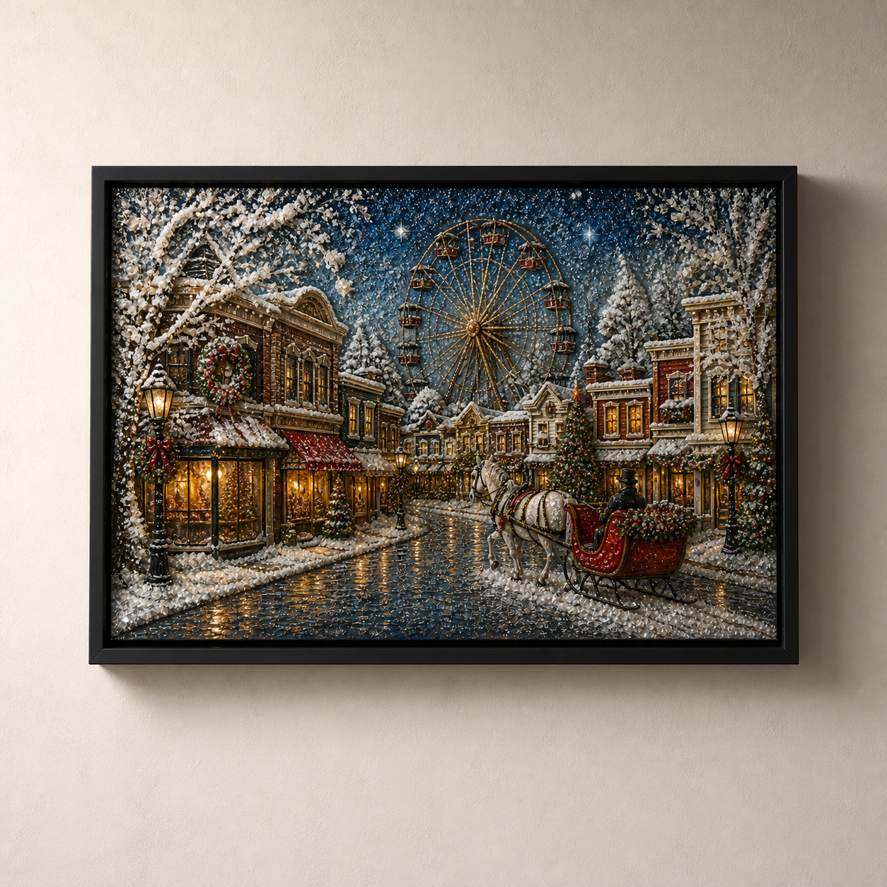 Snowy Ferris Wheel framed relief art — relief lighting view