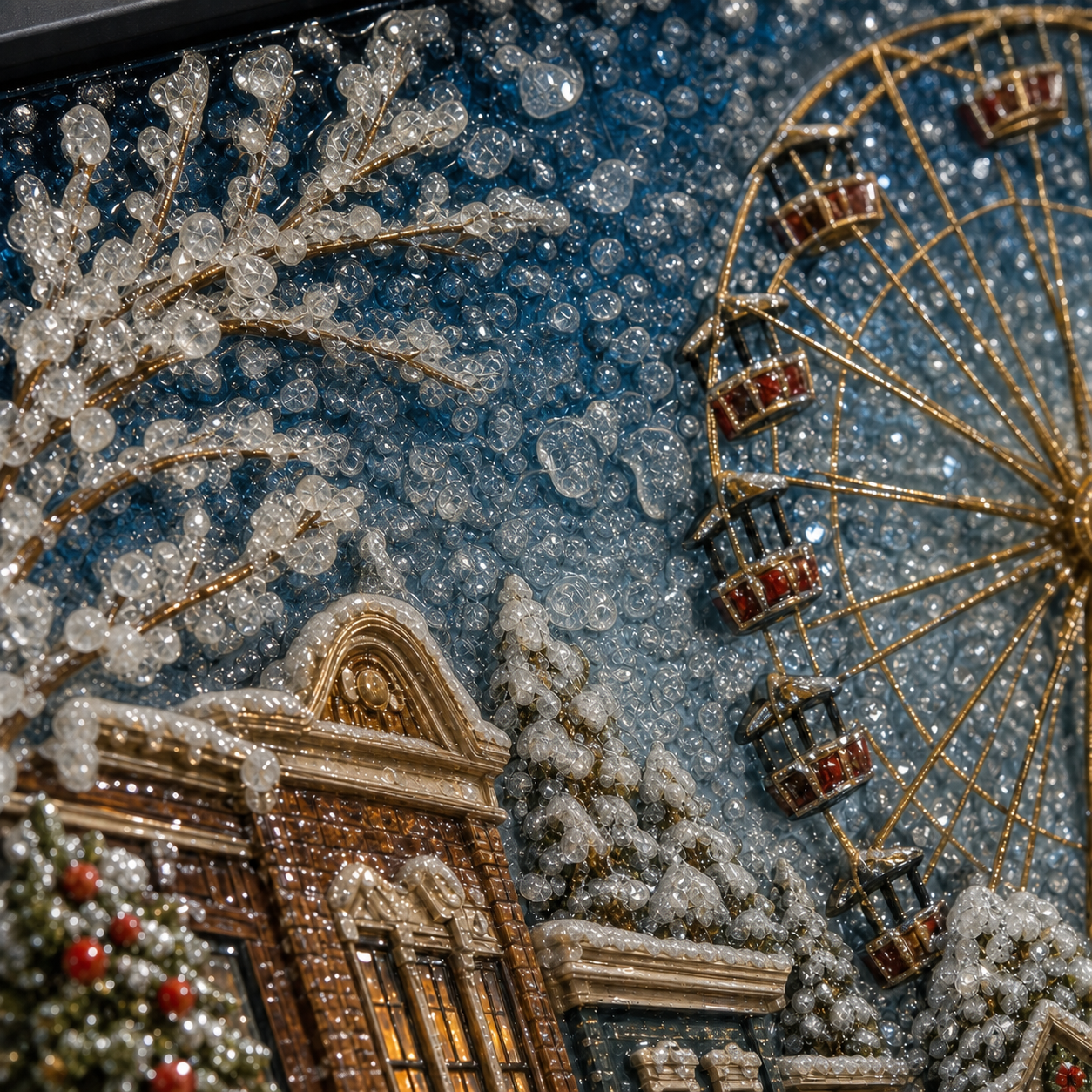 Snowy Ferris Wheel framed relief art — relief detail