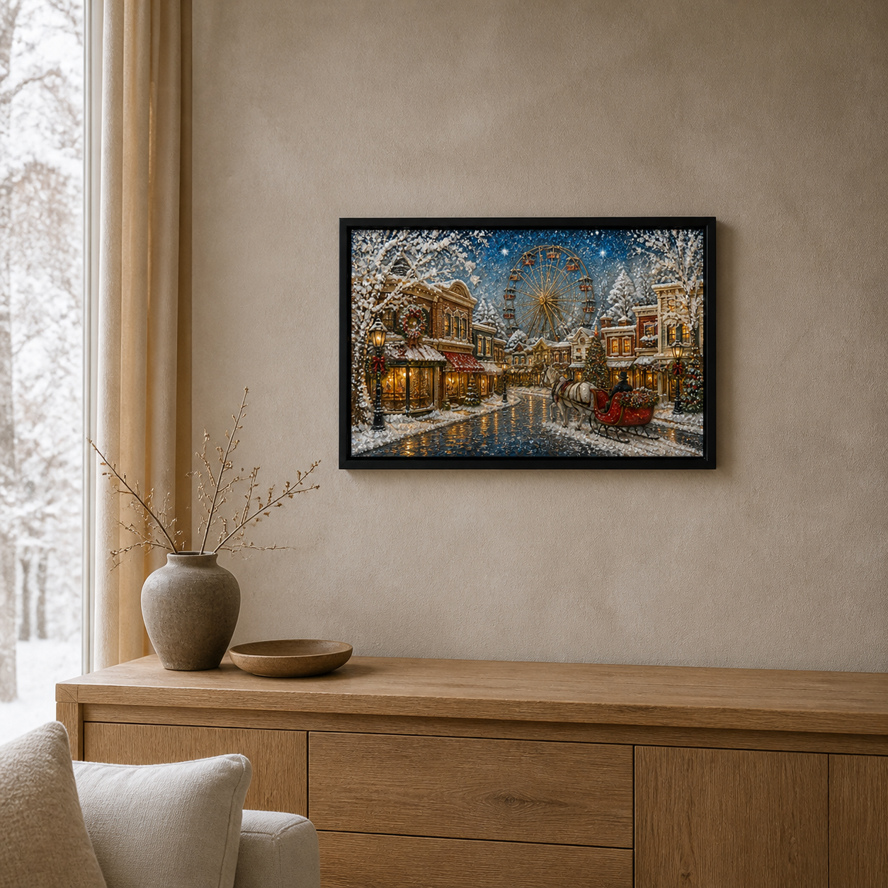 Snowy Ferris Wheel framed relief art — room setting