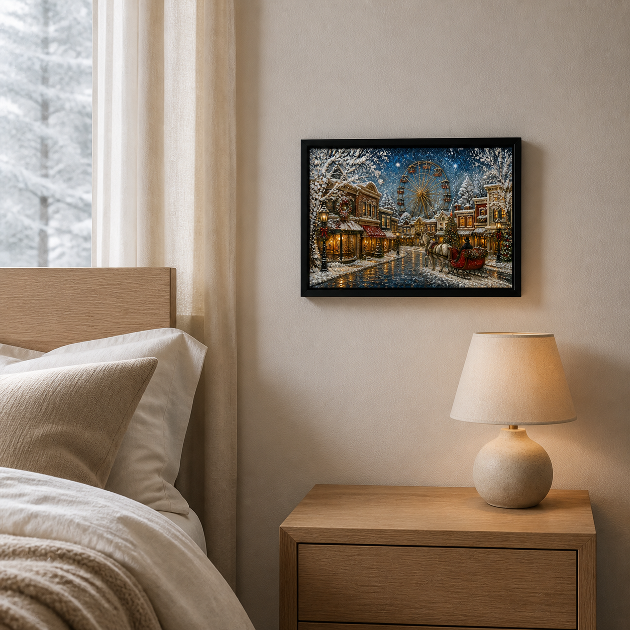 Snowy Ferris Wheel framed relief art — alternate room setting