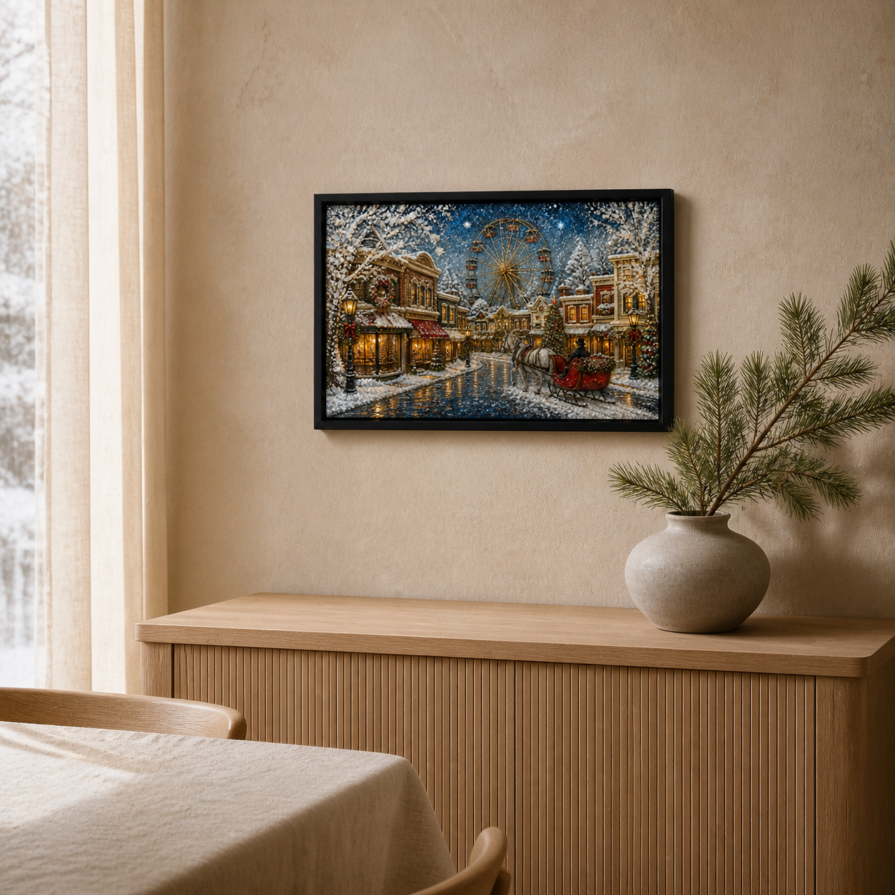Snowy Ferris Wheel framed relief art — styled interior