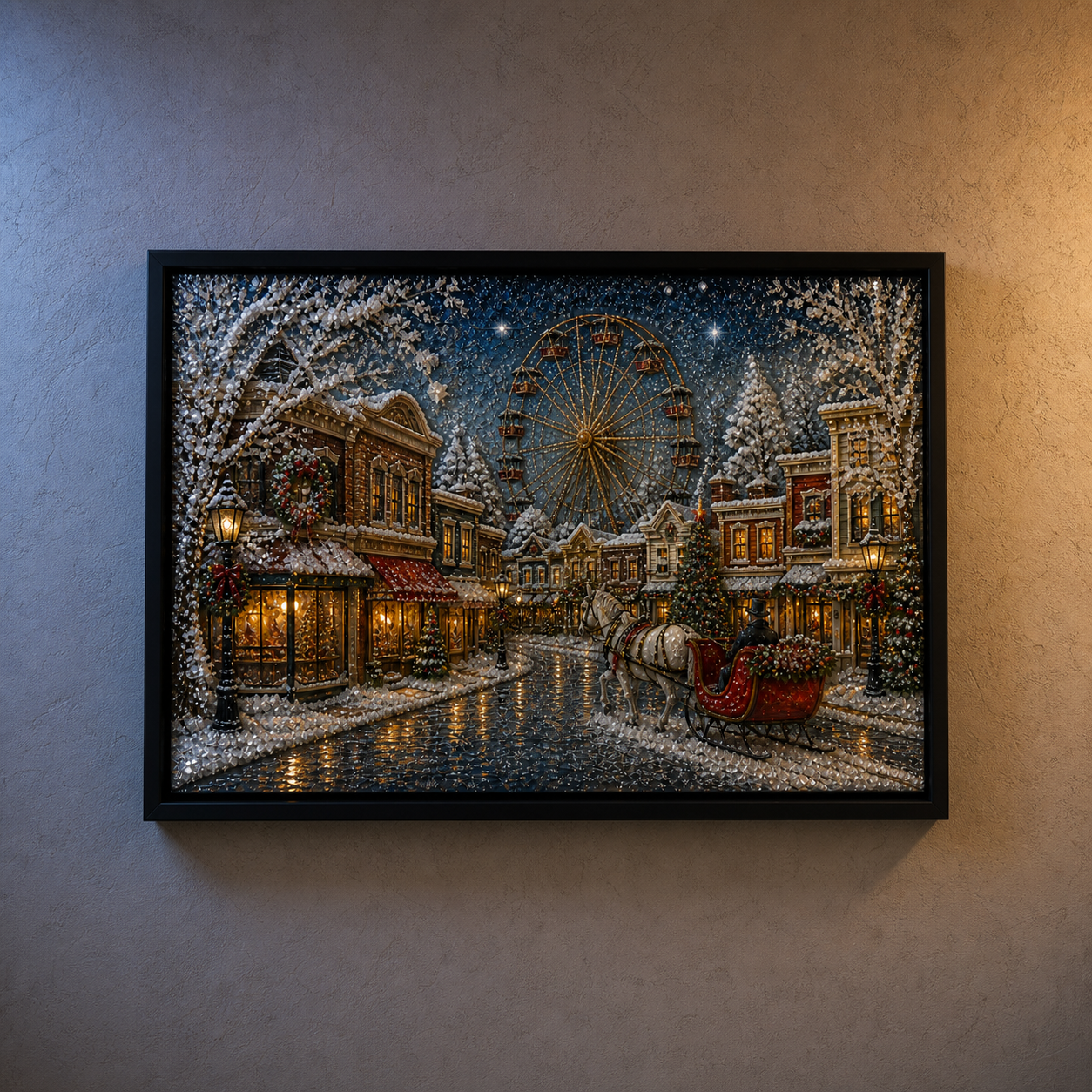 Snowy Ferris Wheel framed relief art — close-up detail